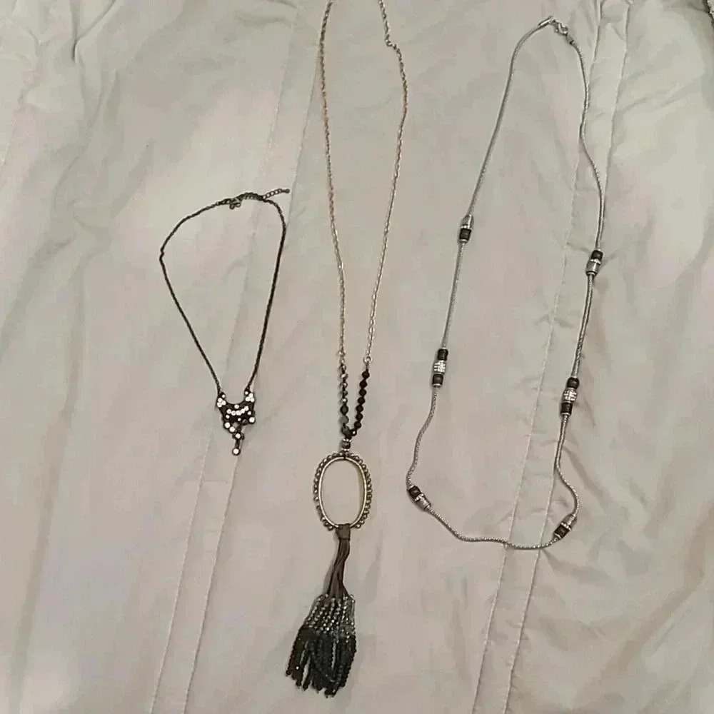 #23 set of 3 long fashion necklaces beaded tassel boho rhinestone silver gold